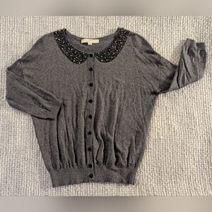 LOFT Gray Peter Pan Embellished Collar 3/4 Sleeve Cardigan Size XS